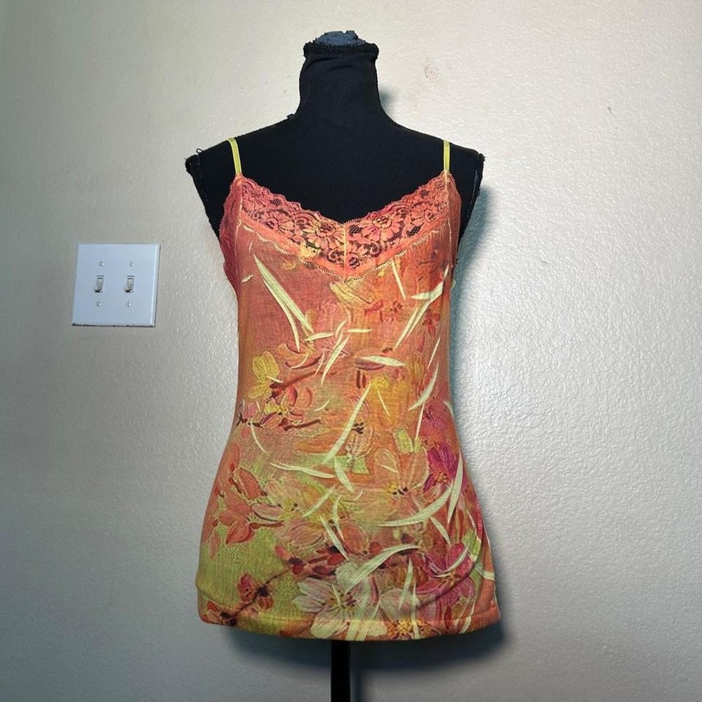 Route 66 Boho Orange Floral Lace Trim Cami Tank Top Y2K Fairycore Small